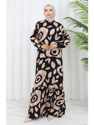 Sefa Merve Viskon Kumaş Desenli Elbise 2041-03 Siyah Vizon