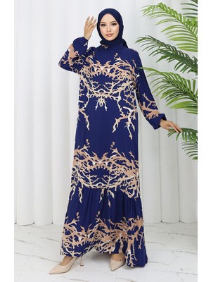 Viskon Kumaş Desenli Elbise 2040-01 Lacivert Vizon
