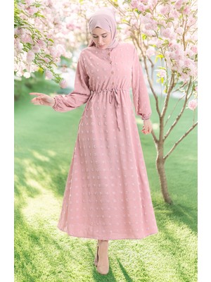 Sefa Merve Aerobin Kumaş Yarım Düğmeli Elbise 0064-08 Pudra