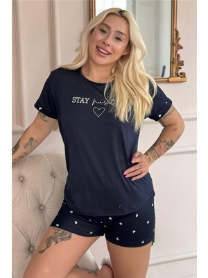 Pijama Evi Lacivert Stay Positive Desenli Bambu Kısa Kol Kadın Şortlu Pijama Takımı