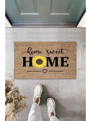 Bej Kapı Önü Paspası Home Sweet Home Papatyalı Desen  K-3342