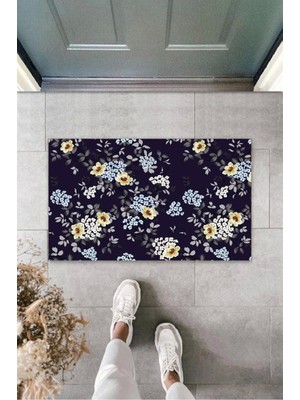 Lacivert Kapı Önü Paspası Minik Çiçekler Desen  K-3249