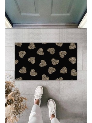 Siyah Kapı Önü Paspası Leopar Kalp Desen  K-3246