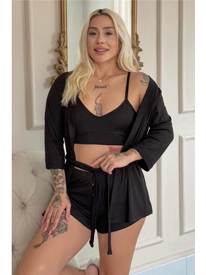 Siyah Dublin Büstiyerli Sabahlıklı Kadın Pijama Takımı