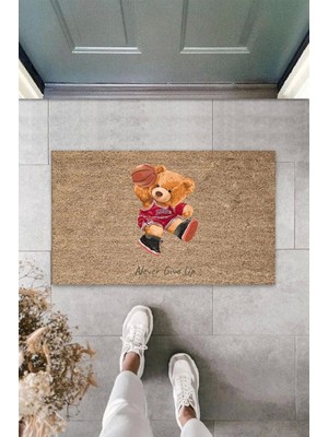 Bej Kapı Önü Paspası Never Give Up Ayıcık Desen  K-3315