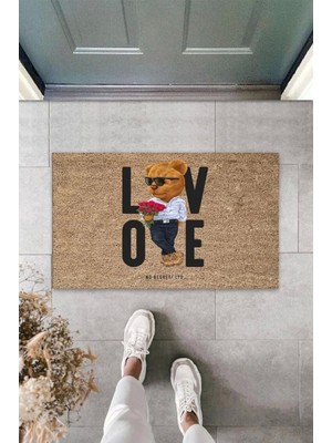 Bej Kapı Önü Paspası Kırmızı Güller Ayıcık Desen  K-3338