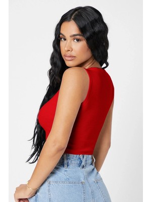 Kadın Kırmızı Kare Yaka Crop Top Bluz