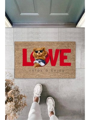 Dekoratif Dijital Love Ayıcık Bej Kapı Paspası Dış Mekan Paspas K-3178
