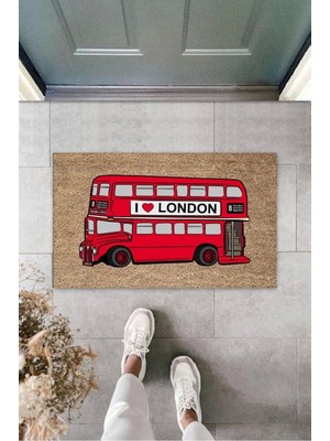 Dekoratif Dijital I Love London Otobüsü Kırmızı Kapı Paspası Dış Mekan Paspas K-3172