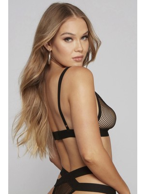 Kadın Siyah Fileli Beli Çapraz Lastikli Sütyen Takımı