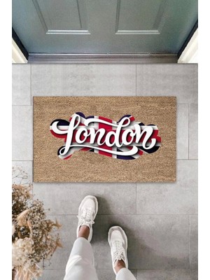 Dijital Baskı Bej London Bayrak Paspas K-3024