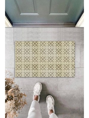 Dekoratif Dijital Baskı Bej Karo Dış Mekan Paspas K-2089