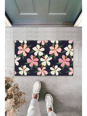 Dekoratif Dijital Baskı Siyah-Pembe Çiçek Dış Mekan Paspas K-2102