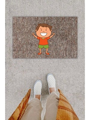 Dijital Baskı Dekoratif Gülen Çocuk Gri Kapı Önü Paspası K-1286