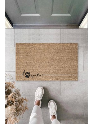 Dijital Baskı Kahverengi Patili Love Dekoratif Kapı Paspası K-2082