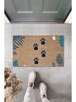 Dijital Baskı Kahverengi Mavi Yapraklı Patili Dekoratif Kapı Paspası K-2008