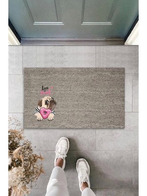 Dijital Baskı Gri Love Sweet Pembe Şekerlemeli Bulldog Köpek Dekoratif Kapı Paspası K-2077