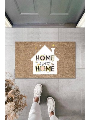 Dijital Baskı Kahverengi Home Sweet Home Yazılı Beyaz Ev Dekoratif Kapı Paspası K-2006