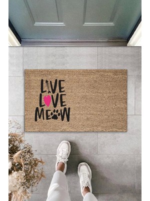 Dijital Baskı Kahverengi Pembe Kalpli Kılçıklı Love Meow Dekoratif Kapı Paspası K-2046