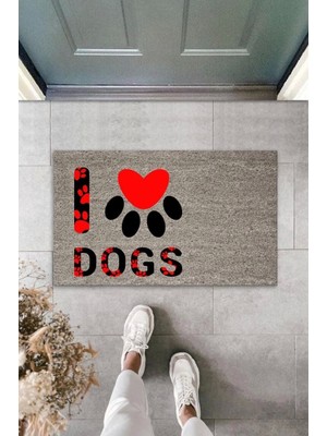 Dijital Baskı Gri Kırmızı Kalpli Patili I Love Dogs Dekoratif Kapı Paspası K-2076