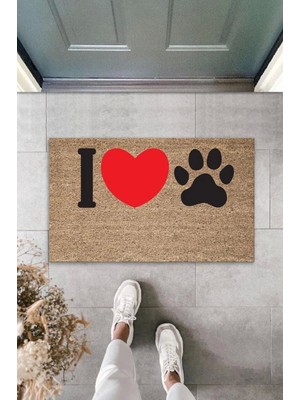 Dijital Baskı Kahverengi Kırmızı Kalpli I Love Pati Dekoratif Kapı Paspası K-2074