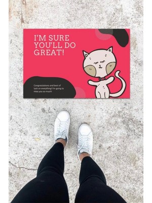 Dijital Baskı Koyu Pembe Kedili Desen Kapı Önü Paspası K-1028