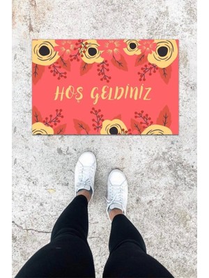 Dijital Baskı Gül Kurusu Çiçek Desen Kapı Önü Paspası K-1001