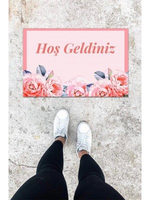 Dijital Baskı Pembe Gül Desen Kapı Önü Paspası K-1011