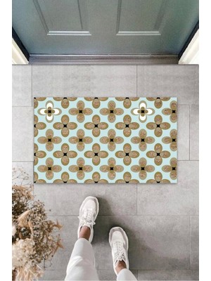 Turkuaz Kapı Önü Paspası Çiçek Desen  K-3259