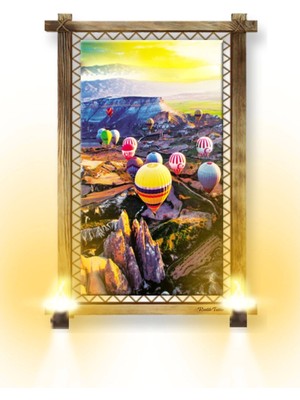 Marsilyan- Rustik Işıklı Kapadokya Uçan Balon Kanvas Rustik Tablo B