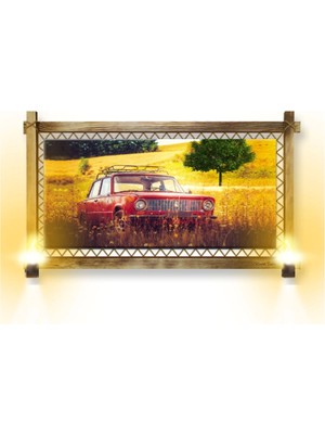 Marsilyan- Rustik Işıklı Kırmızı Antika Araba Kanvas Rustik Tablo K
