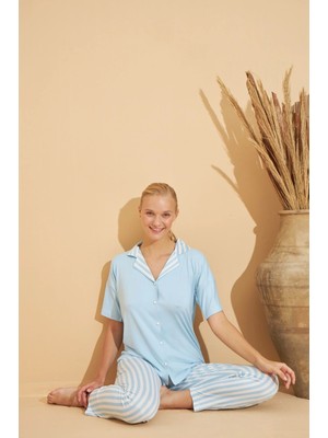 Pijamoni Kadın Önden Düğmeli Milan Kumaş Gömlek Yaka Mavi Pijama Takımı - 7515