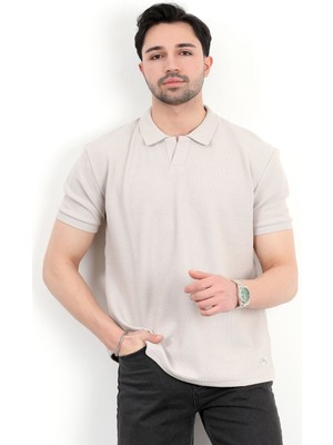 Erkek Polo Yaka Dokulu Regular Fit T-Shirt Taş - 25Y 2918