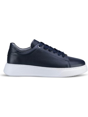 Erkek Lacivert  Deri Esnek Taban Bağcıklı Casual Ayakkabı Sneaker