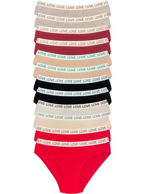 12 Adet Pamuklu Esnek Kadın Slip Bikini Külot Geniş Lastikli Baskılı