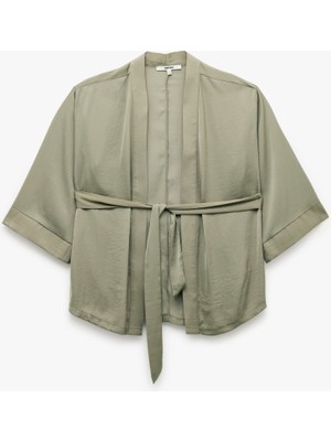 Koton Aerobin Kumaş Kuşak Detaylı 3/4 Geniş Kollu Saten Kimono
