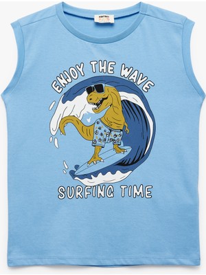 Koton Pamuklu Kolsuz Bisiklet Yaka Dinozor Baskılı Sıfır Kol Tişört