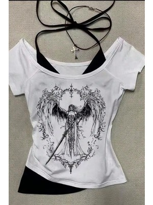 Beyaz Sword Warriror Angel Madonna Yaka Ek Askılı Y2K Kısa Kollu Full Body Crop