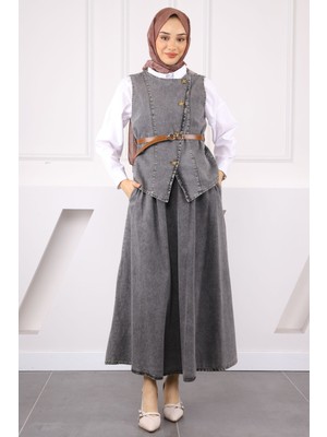 Füme Bel Kemerli Yelek Etekli Kot Takım