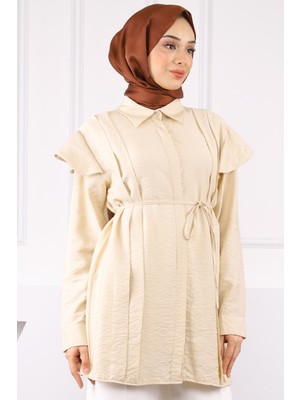 Bej Omuz Detaylı Bel Bağlamalı Tunik