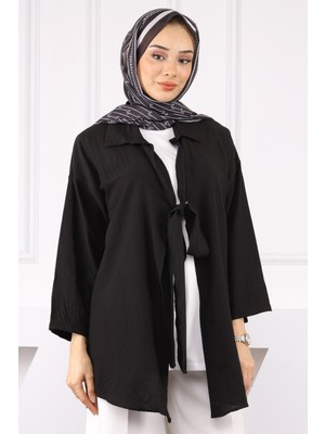 Siyah Ön Bağlamalı İçlikli Kimono