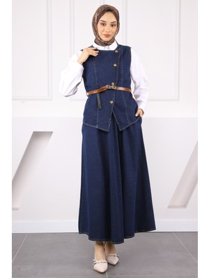 Koyu Mavi Bel Kemerli Yelek Etekli Kot Takım
