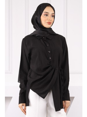 Siyah Yan Bağlamalı Düğmeli Gömlek