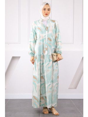 Mint Yarım Düğmeli Desenli Elbise