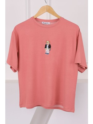 Gül Kurusu Nakışlı Modal Kısa Kol  T-Shirt