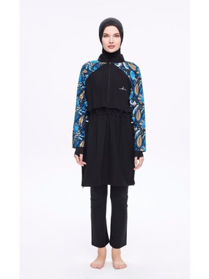 Kolları Floral Desenli Siyah 5 Parça Tam Tesettür Mayo Takımı 5015
