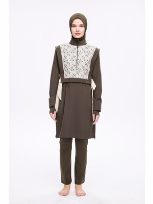 Kadınlar İçin Haşema Haki 5 Parça Tam Tesettür Mayo Takımı 5008 Desenli Yazlık Su İtici Kumaş