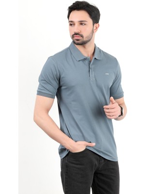 Erkek Polo Yaka Marka Baskılı Pamuklu T-Shirt Petrol Mavi - 25Y 2061