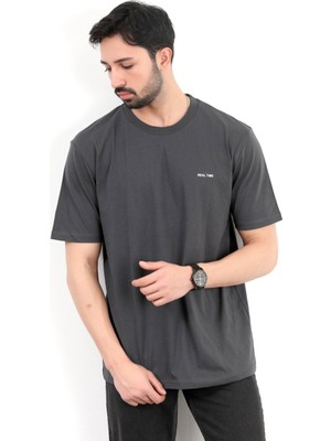 Erkek Bisiklet Yaka Real Time Baskılı Pamuklu T-Shirt Antrasit - 2271- 4