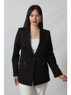 1904 Siyah Fermuarlı Cep Aksesuarlı  Kadın Büyük Beden Blazer Ceket